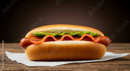 Eating Hotdog with Mustard and Lettuce on Wooden Table