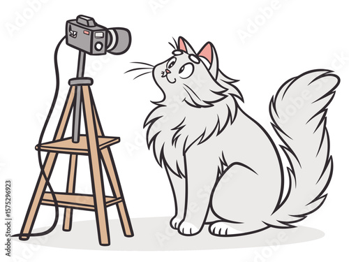 Vector illustration of a white cat with a camera on a tripod