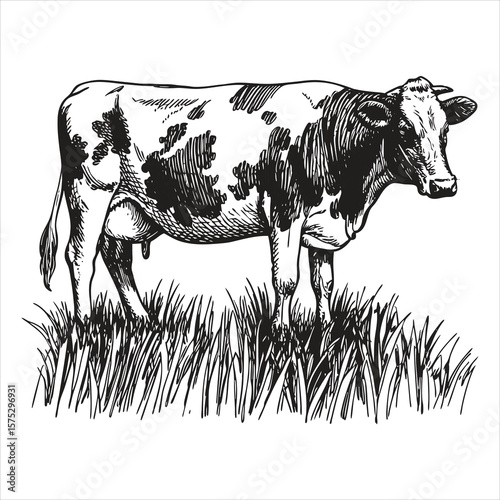 Serene cow grazing in a lush field, isolated on white background, depicted in a detailed black and white sketch