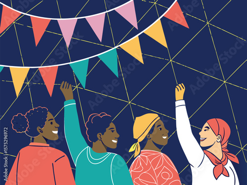 Vector illustration of diverse people celebrating with colorful party flags