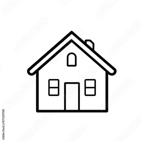 Simple Black and White Outline of a House with Windows and Chimney