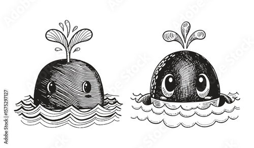 Cute whales spout water, isolated on white background, rendered in a charming, handdrawn cartoon style with expressive eyes