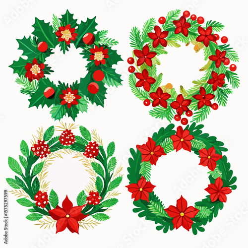 Four festive christmas wreaths decorated with poinsettias holly and berries
