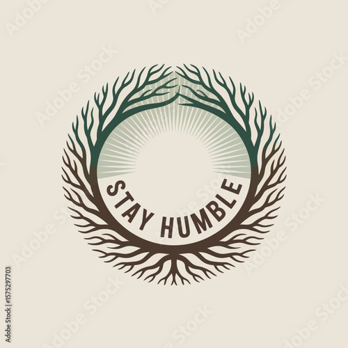 Stylized circular emblem featuring tree roots and branches forming a frame around the words stay humble with a sunburst graphic in the background