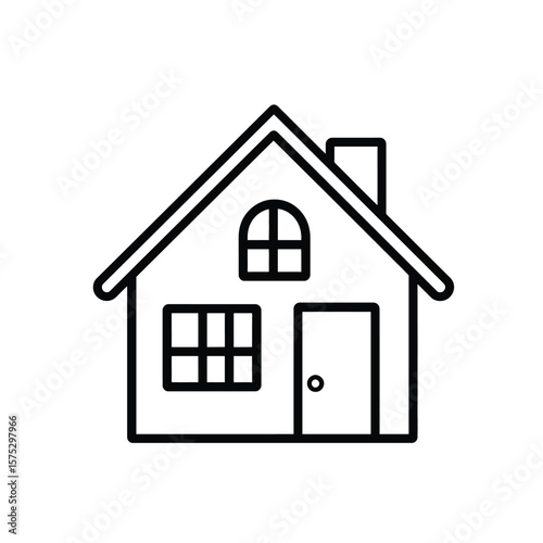Simple Line Art Illustration of a House with Door, Window, and Chimney Depicted