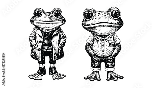 Anthropomorphic frogs dressed in vintage clothing stand side by side, isolated on white background