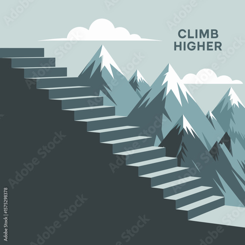 A conceptual illustration of a staircase leading upwards towards snow capped mountains with the words climb higher suggesting ambition and reaching new heights