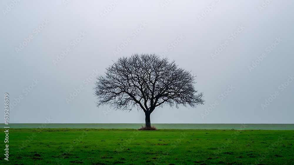 Obraz premium Solitary Bare Tree in Green Field Under Grey Sky Rural Stillness