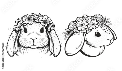 Adorable bunnies wearing flower crowns are isolated on white background, rendered in detailed line art