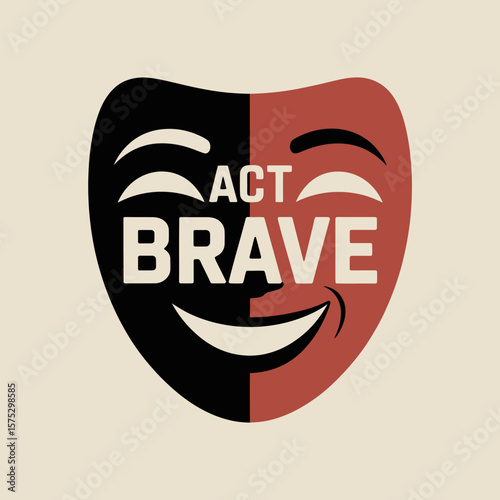 A stylized theatre mask split in half with black and red colors displays the words act brave in bold white lettering symbolizing courage and performance