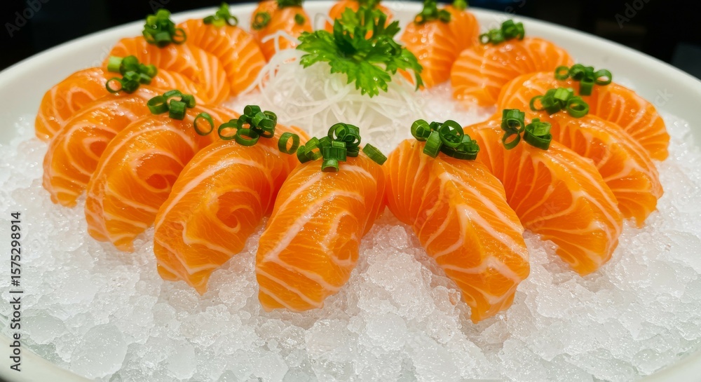 Serving Fresh Salmon on Ice with Onion Garnish Serving Fresh Salmon on Ice with Onion Garnish