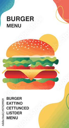 Vibrant Burger Menu Design Featuring Fresh Ingredients, Graphic Illustration, Colorful Background, Eye-catching Food Presentation