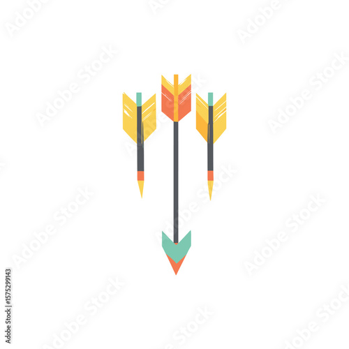 Three Colorful, Modern Arrows with Unique Feather Designs Pointing Downward on White Background