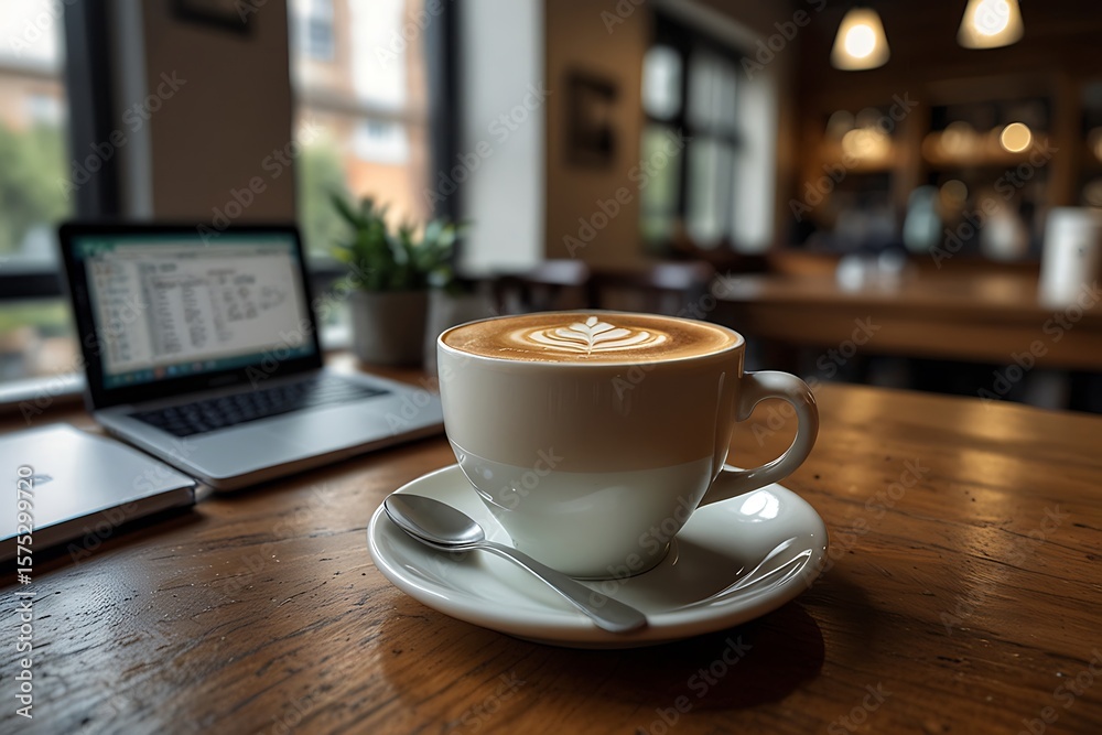 Fototapeta premium Cappuccino art on wooden table with laptop and green plants in coffee shop