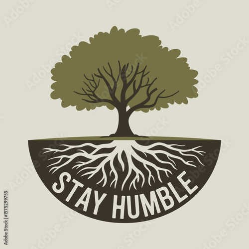 A stylized illustration of a tree with visible roots and the words stay humble inscribed within the root system symbolizing groundedness and humility