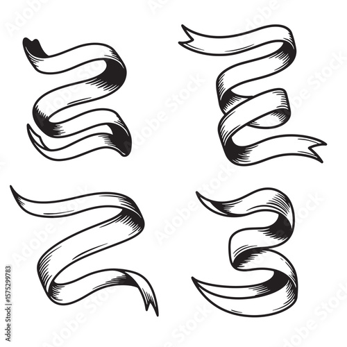 Four vintage hand drawn ribbons with detailed engraving style perfect for embellishment or design ornament