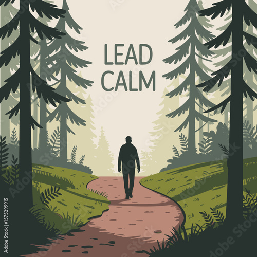 Silhouette of a person walking on a forest path with the words lead calm above them symbolizing calm leadership and mindfulness in nature