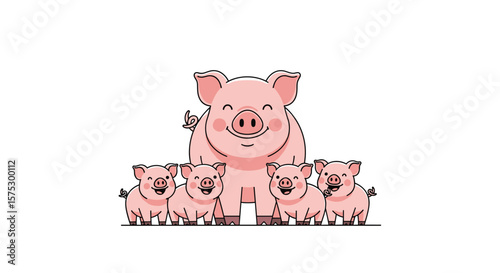 Cute Pink Pig Family Portrait Cartoon Illustration Featuring a Mother Pig and Four Adorable Piglets