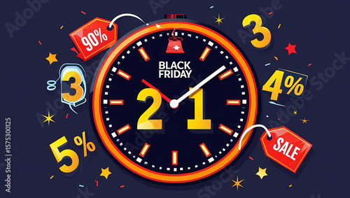 Black Friday Countdown Clock with Flashing Sale Elements – Vector Style