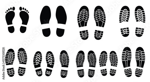 Footprints and Shoe Treads Showing Various Walking Patterns and Shoe Designs for Exploration and Movement Studies