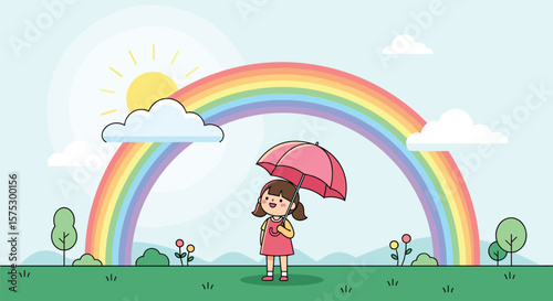 A happy girl with a pink umbrella under a colorful rainbow on a bright sunny day
