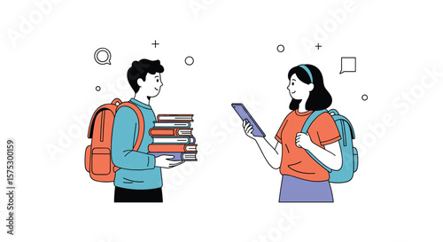 Two Students Sharing Knowledge and Learning Resources Together in a Modern Classroom Environment