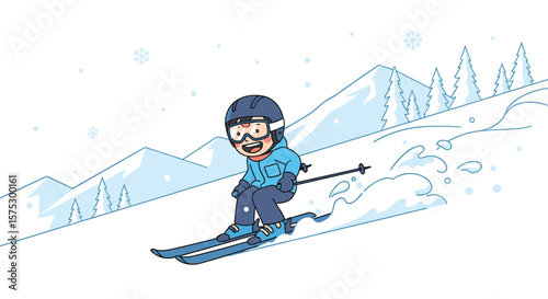 Excited Skier Navigates Down a Snowy Mountain Slope Enjoying Winter Sport