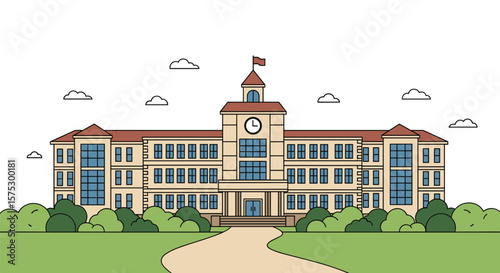 Classic Architecture Building With Trees And Birds Flying Above The Sky