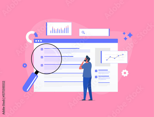 Search engine optimization process with serp analysis and seo ranking. User behavior tracking and search audit interface in flat design. Digital strategy tools. Vector illustration