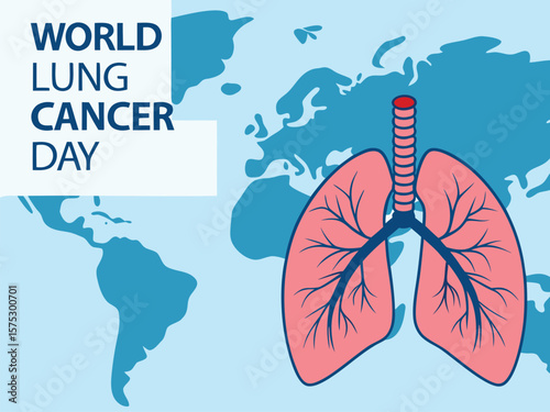 World Lung Cancer Day Awareness Poster with Lung Anatomy and Global Map