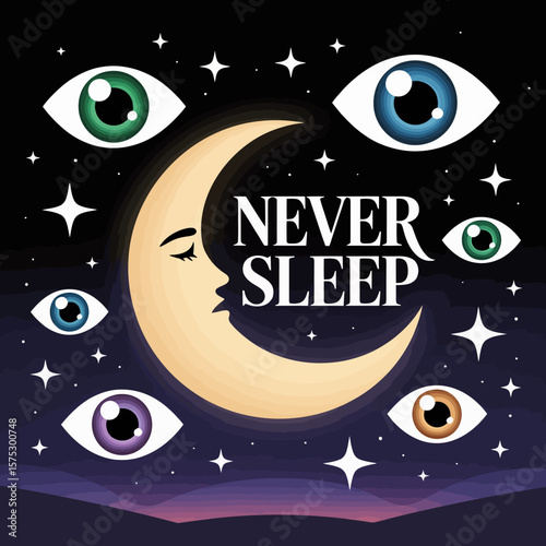 Never sleep insomnia concept with moon eyes and stars for sleeplessness and anxiety themes design