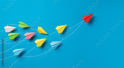 Bold Leadership in Flight: A Vibrant Red Paper Airplane Ascends Decisively Above a Diverse Fleet of Colorful Origami Planes, Symbolizing Innovation, Direction, and Standing Out from the Crowd