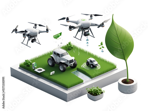 Concept of Sustainable Agriculture, Isometric 3D View of a Drone and Autonomous Farm Vehicles, AI Generated