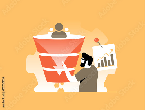 Conversion funnel with user segmentation and marketing optimization strategy. Sales funnel performance, lead generation tracking, customer journey insights. Conversion rate optimization illustration