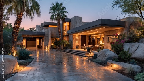 Scottsdale desert oasis home with modern architecture and palm trees  luxury residential property exterior scene for design ads