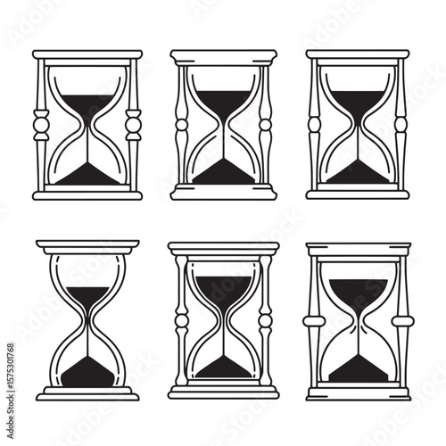 Set of six minimalist black and white hourglass illustrations with decorative ornaments