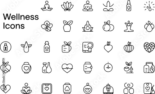 A comprehensive collection of simple outline icons representing various aspects of wellness including yoga meditation health and natural remedies