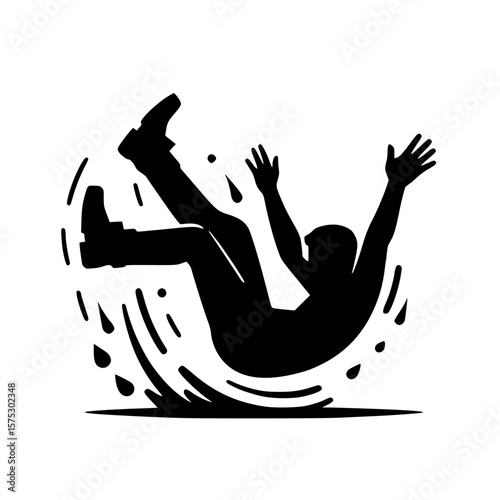 Falling person icon, black silhouette, slipping pose, arms flailing, minimal clipart