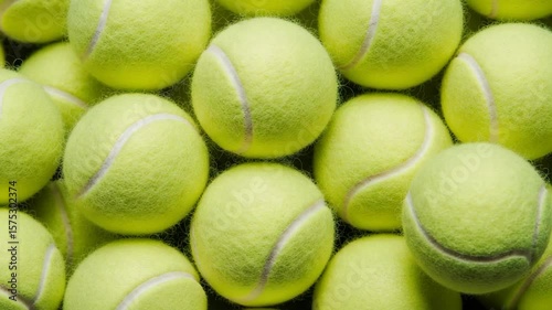 Vibrant tennis balls tightly packed together in a close up view
