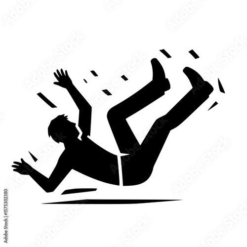 Falling person icon, black silhouette, slipping pose, arms flailing, minimal clipart