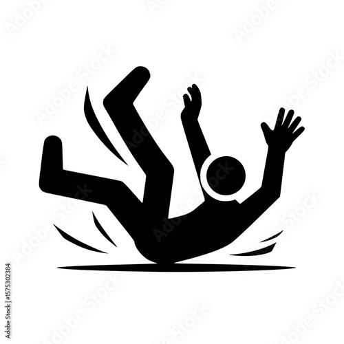 Falling person icon, black silhouette, slipping pose, arms flailing, minimal clipart