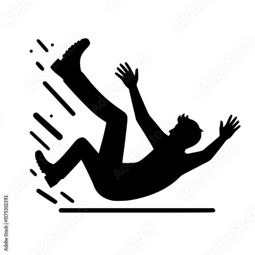Falling person icon, black silhouette, slipping pose, arms flailing, minimal clipart