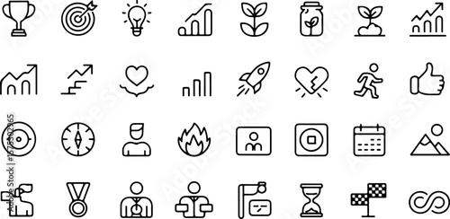 Collection of modern flat line icons representing business success growth achievement innovation and personal development concepts