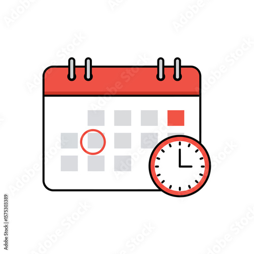 A modern flat design illustration of a calendar with a clock, symbolizing time management, scheduling, and important dates.