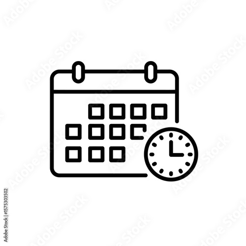 A simple line art illustration of a calendar icon with a clock overlay, representing scheduling, appointments, and time management for business and personal use.