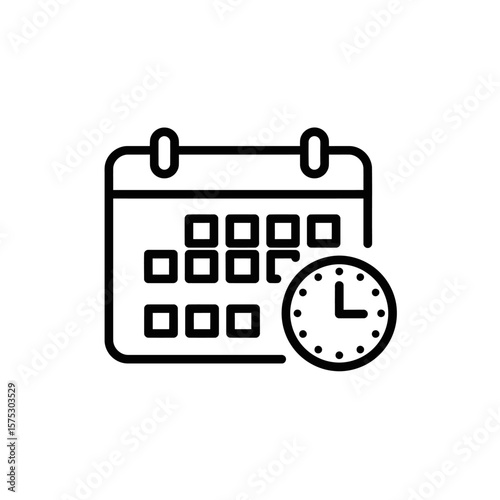 A simple line art icon depicts a calendar with a clock, symbolizing time management, planning, and scheduling appointments or events.