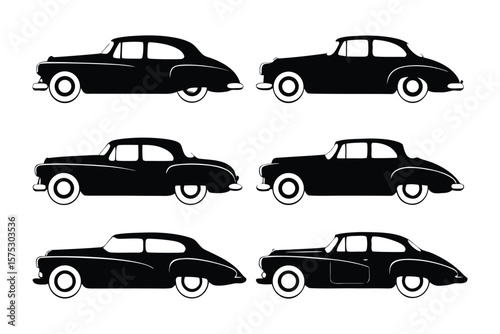 Classic Car Silhouettes: A collection of six vintage car silhouettes, capturing the timeless elegance and iconic designs of a bygone era, perfect for automotive enthusiasts and design projects.