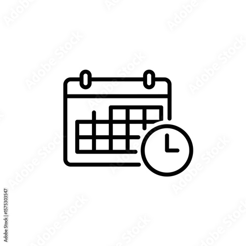 Simple black line art icon depicting a calendar with a clock, symbolizing scheduling, time management, or deadlines; ideal for websites, apps, or presentations needing a clean, modern design