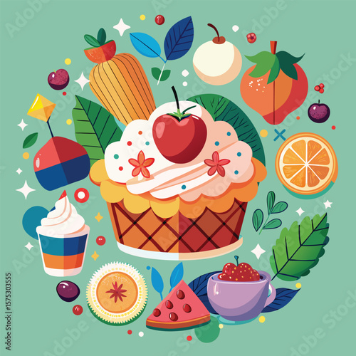A delightful seamless pattern featuring cupcakes, cakes, and sweets adorned with fruits and cherries, perfect for any birthday or party design