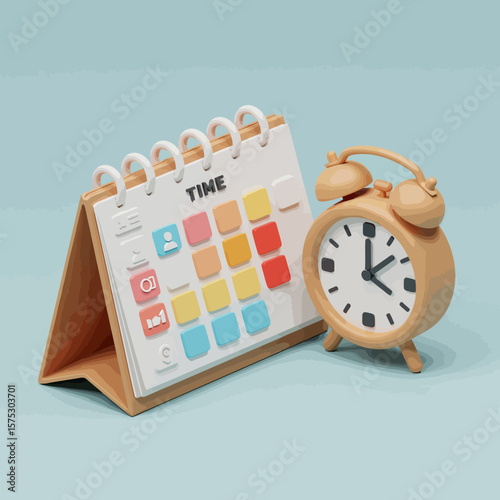 A 3D illustration of a calendar with colorful squares and an alarm clock, representing time management and scheduling.